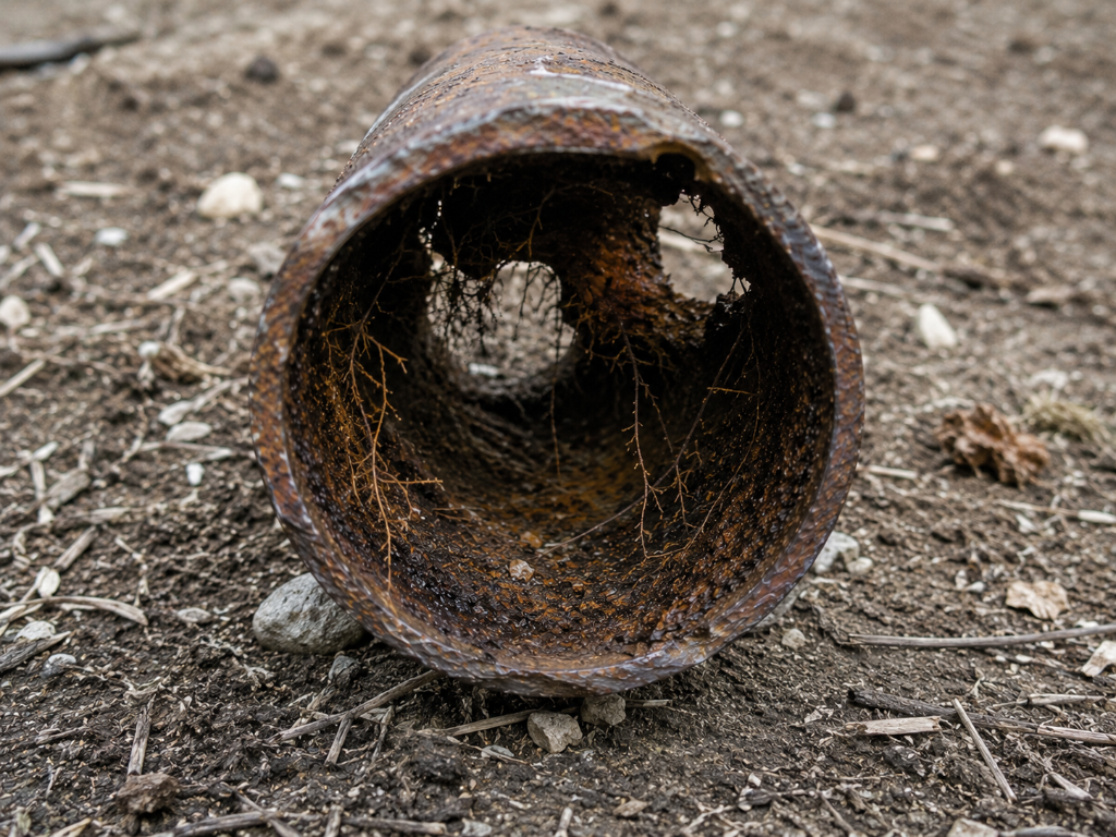 Trenchless Pipe Lining (CIPP) - Before: Severely corroded cast iron drain pipe with root intrusion, fully rehabilitated using CIPP trenchles in Sarasota, FL