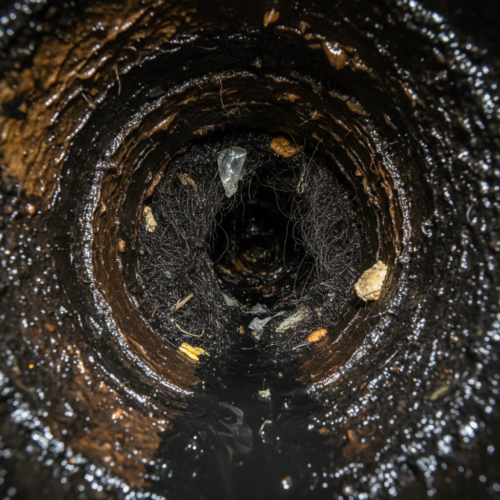 Drain pipe before hydro jet cleaning - severe grease and debris buildup in Sarasota, FL
