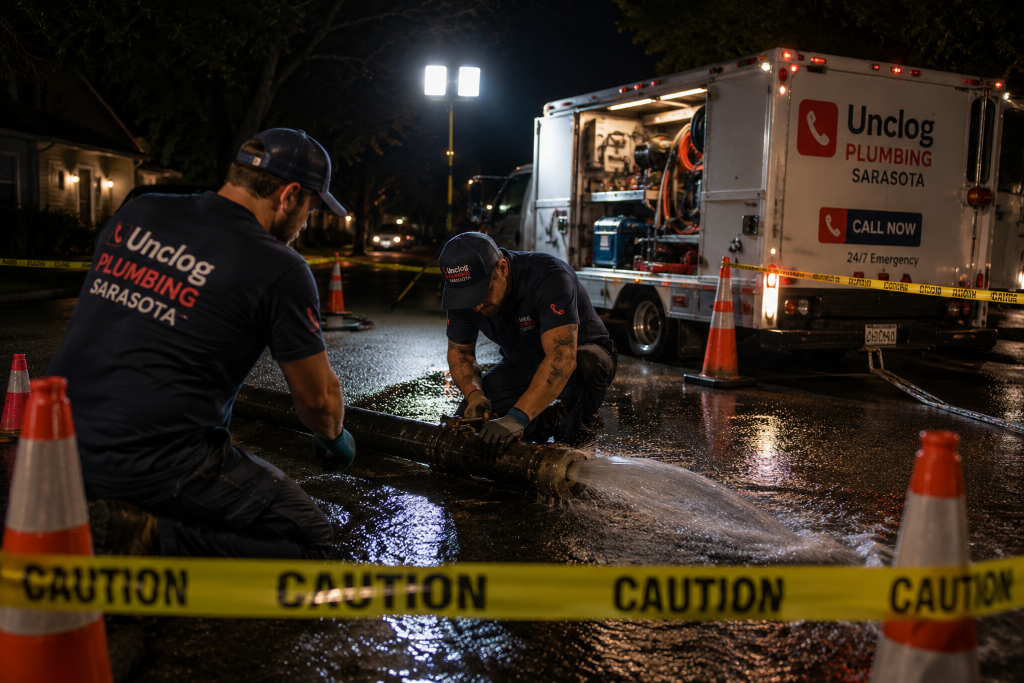 Completed Emergency Plumbing project in Sarasota — Emergency Main Line Burst — Night Response