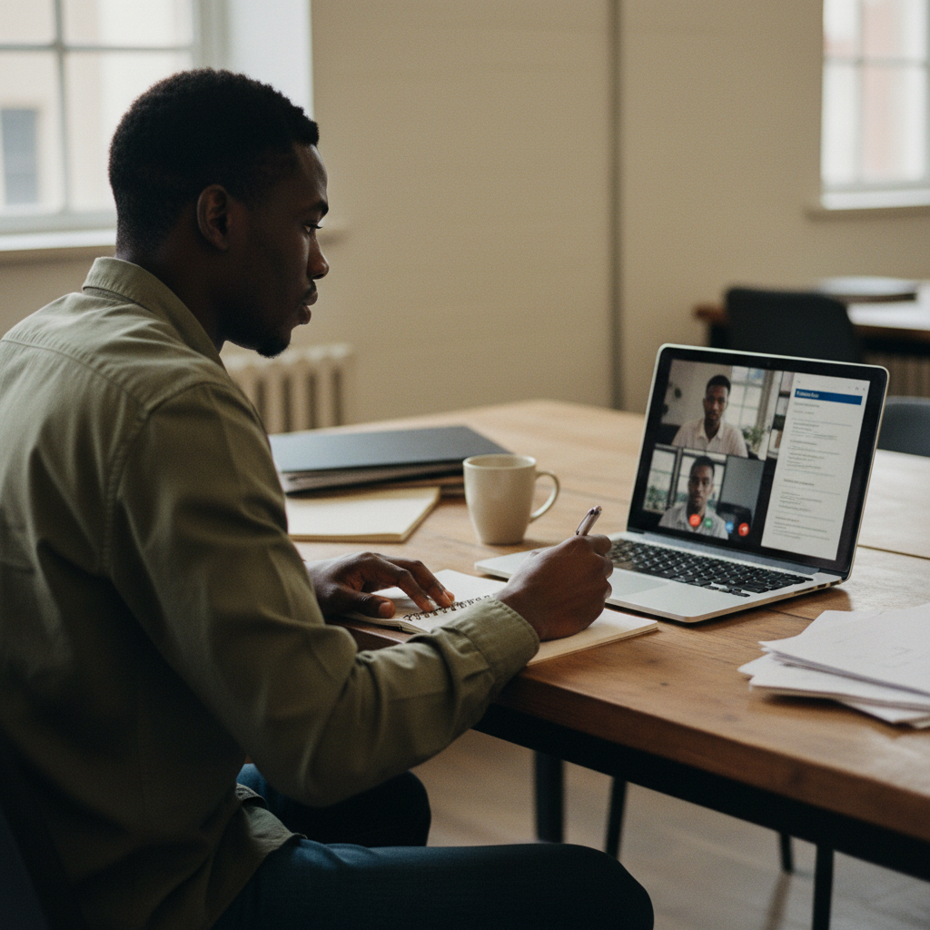 African recruiter in a remote interview, Kernel remains the sole employer.