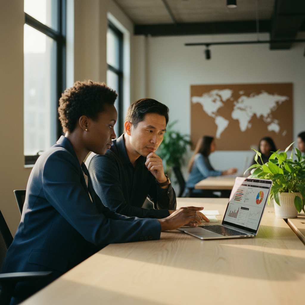 Responsable RH africaine pilotant ses équipes multi-pays sur la plateforme Kernel.