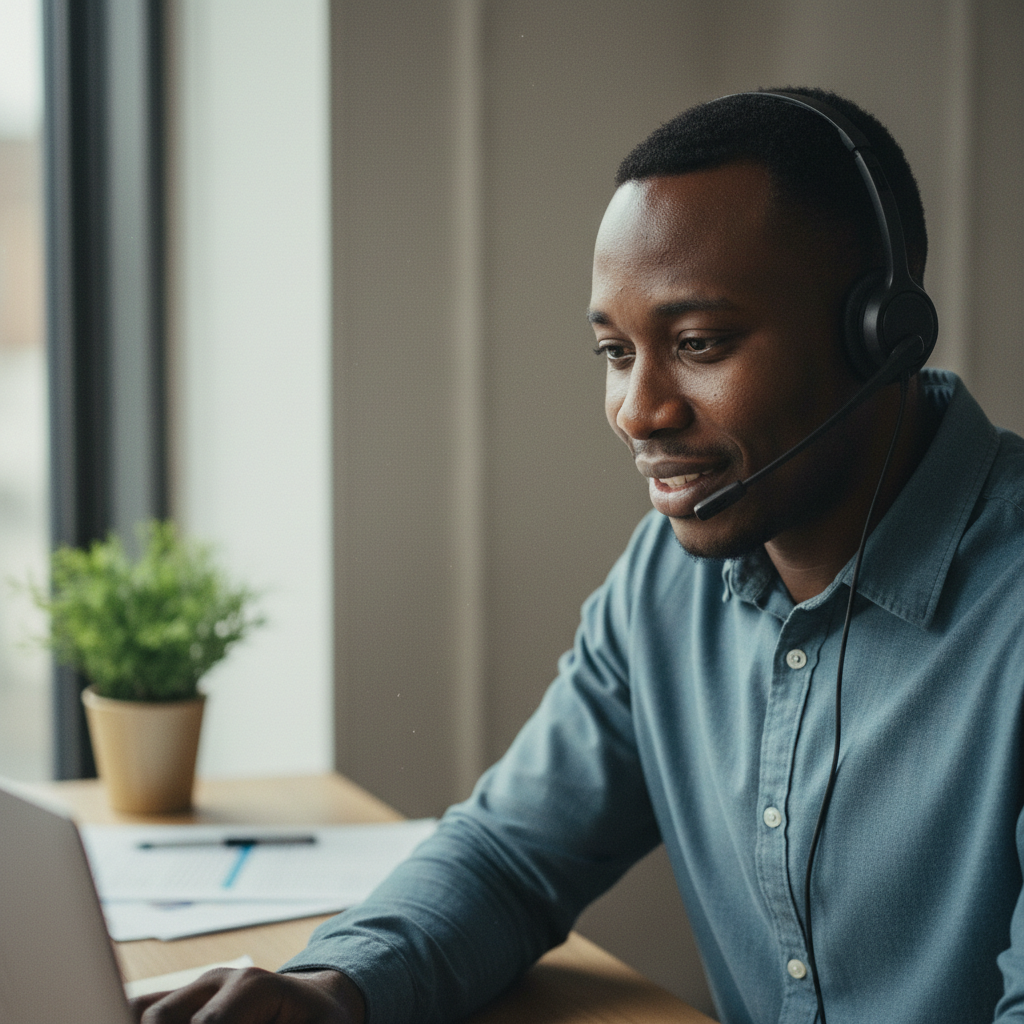 African customer success manager in a remote support session, Kernel remains the sole employer.