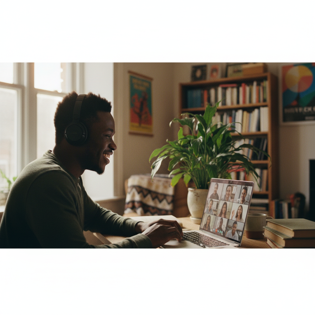 Talent africain en télétravail, en visioconférence avec son équipe européenne.