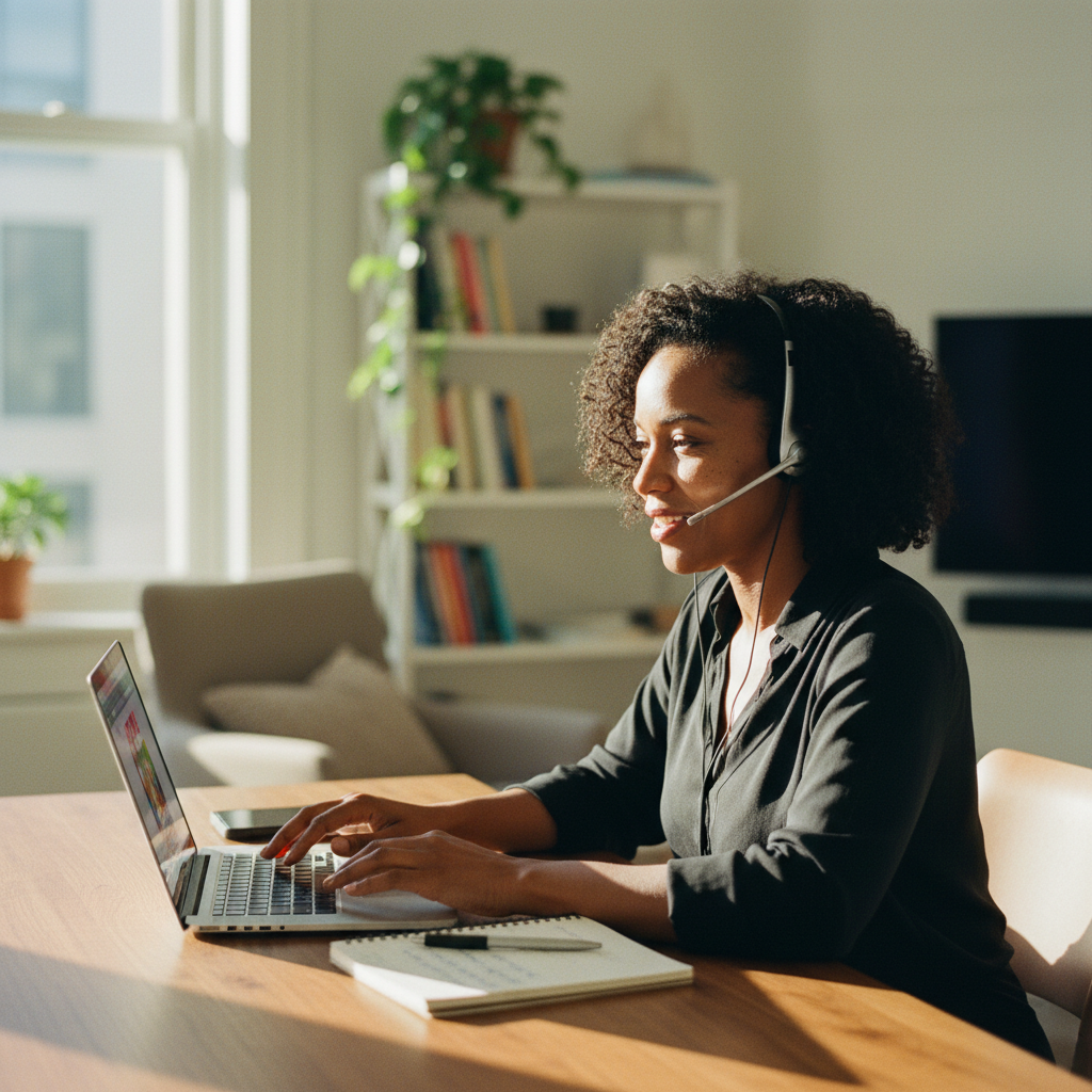 African customer support agent hired by Kernel, ready to join a customer service team remotely.