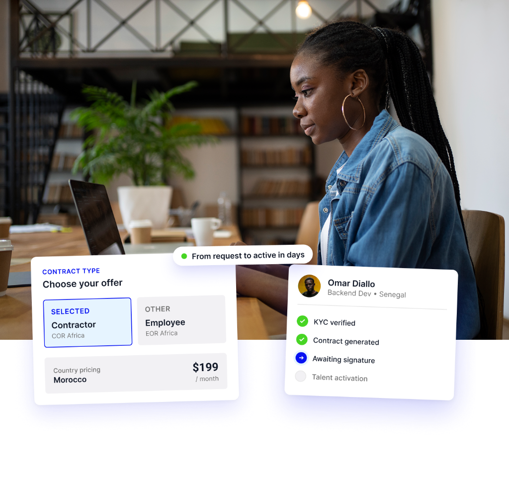 Freelance africaine au travail et tableau de bord Kernel : choix du contrat Contractor ou Employee, conformité KYC, tarification pays