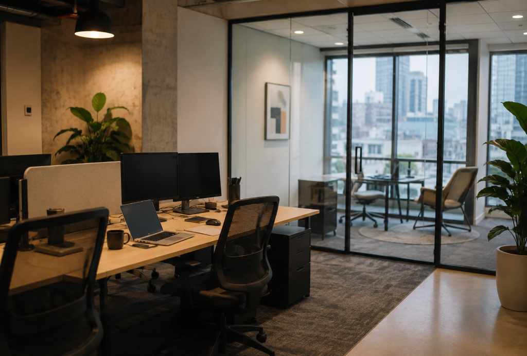 Bureau professionnel avec salle de réunion vitrée et vue sur la ville
