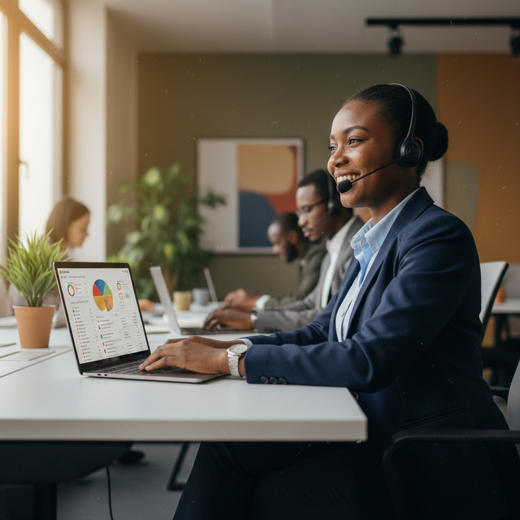 African sales representative hired by Kernel, ready to join a sales team remotely.