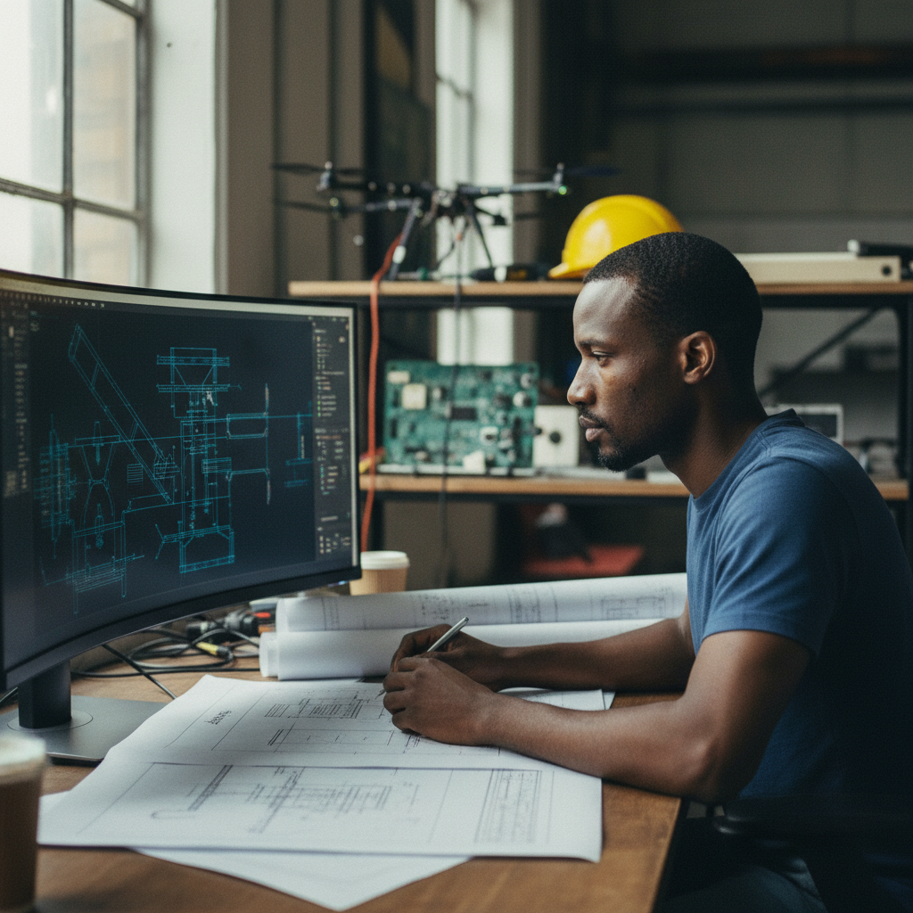 African engineer reviewing technical plans remotely, Kernel remains the sole employer.