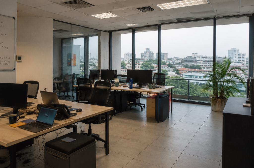 Espace de bureau professionnel en Afrique avec ouverture sur la ville
