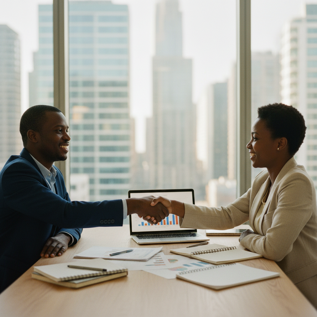 Two African leaders sealing an expansion partnership in a new market.