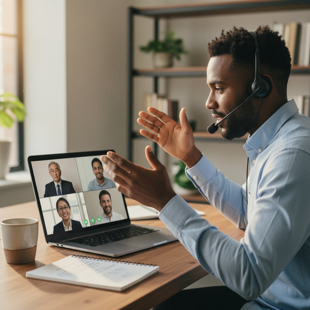 African sales rep in a remote client meeting, Kernel remains the sole employer.