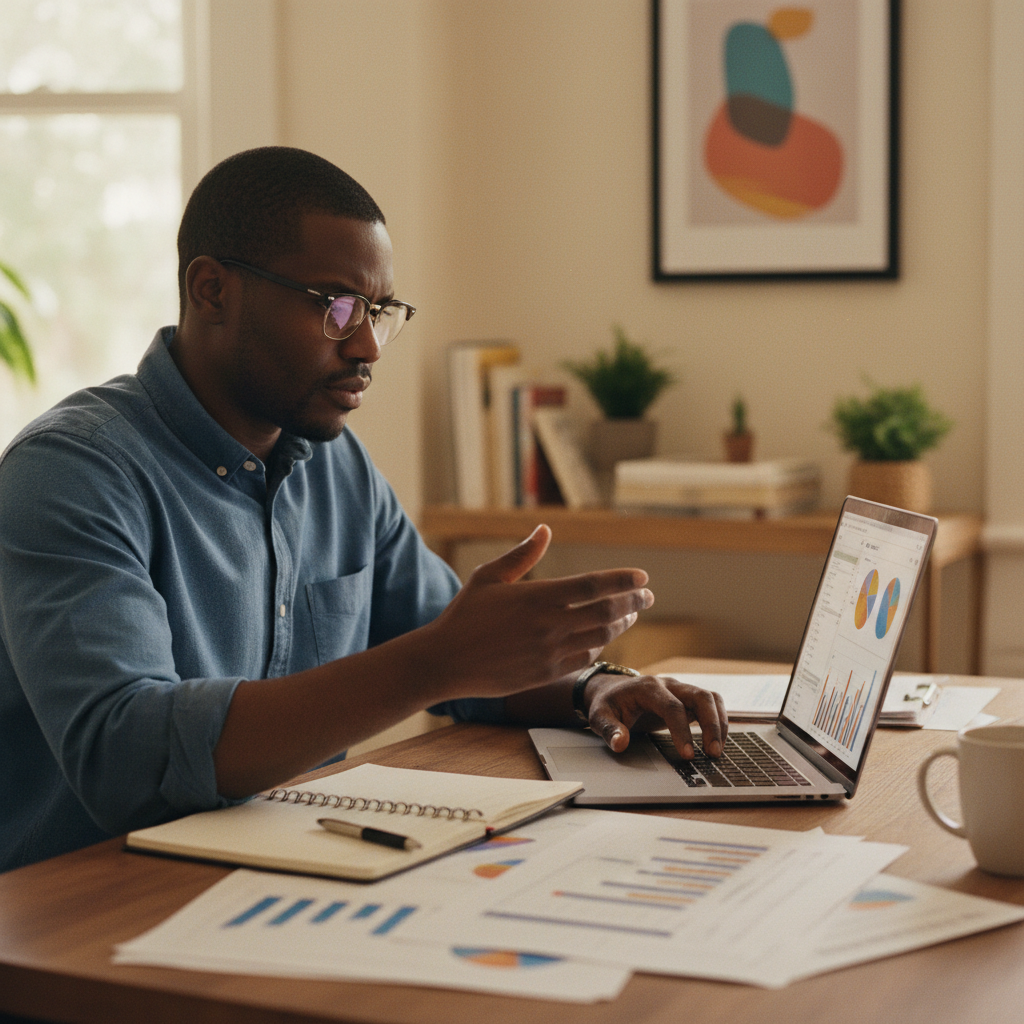 African financial analyst in a remote work session, Kernel remains the sole employer.