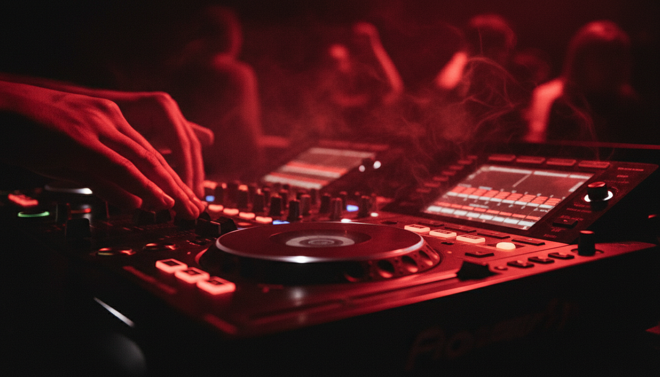 DJ equipment with red lighting in a dark nightclub