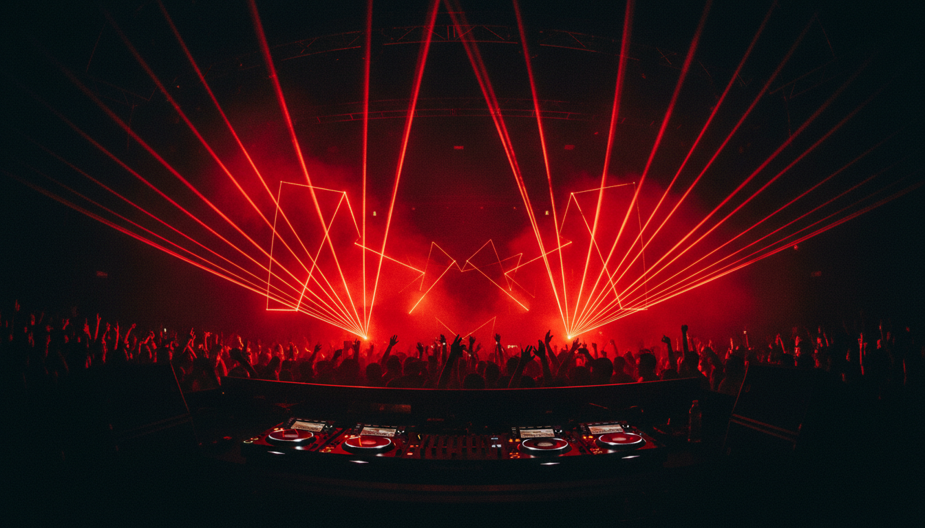 Energetic crowd at a DJ event with red lighting