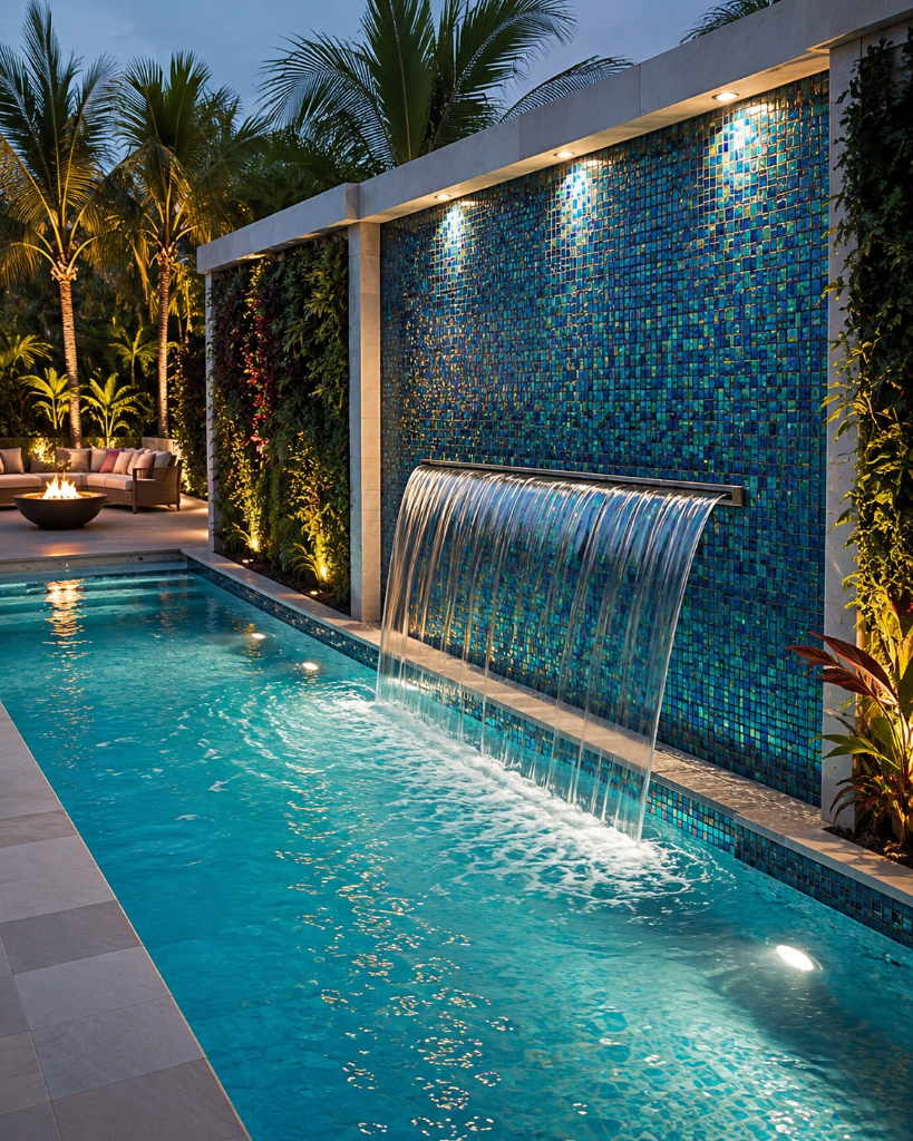 Glass mosaic pool detail showing underwater color depth by Tile Artisans Inc.