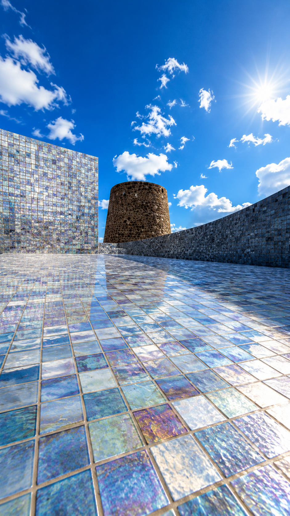 Low-angle view of iridescent glass mosaic tiling on the pool floor and wall, with the historic stone tower beyond