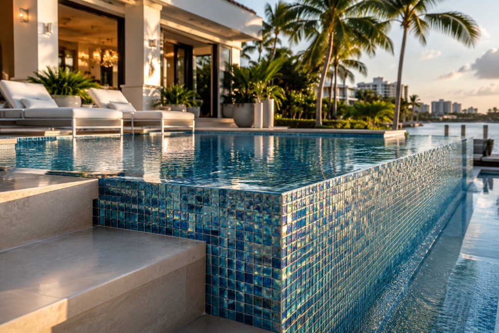 Luxury glass mosaic infinity pool edge at modern Miami waterfront estate