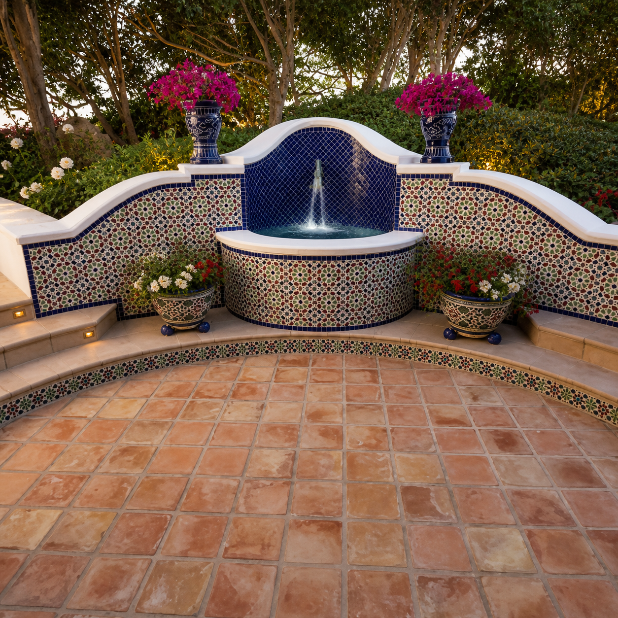 Garden fountain court with geometric mosaic tiling and terracotta paving