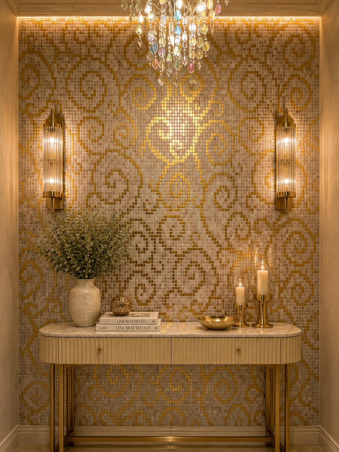 Formal entry hall with a gold glass mosaic feature wall, marble console and crystal chandelier