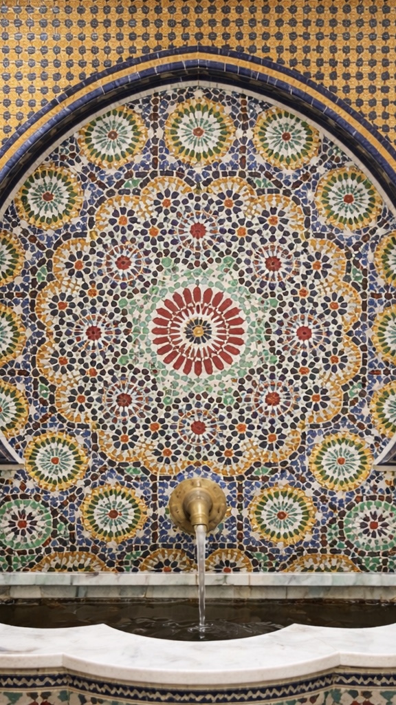Arched alcove lined with a hand-laid floral mosaic around a stone basin fountain