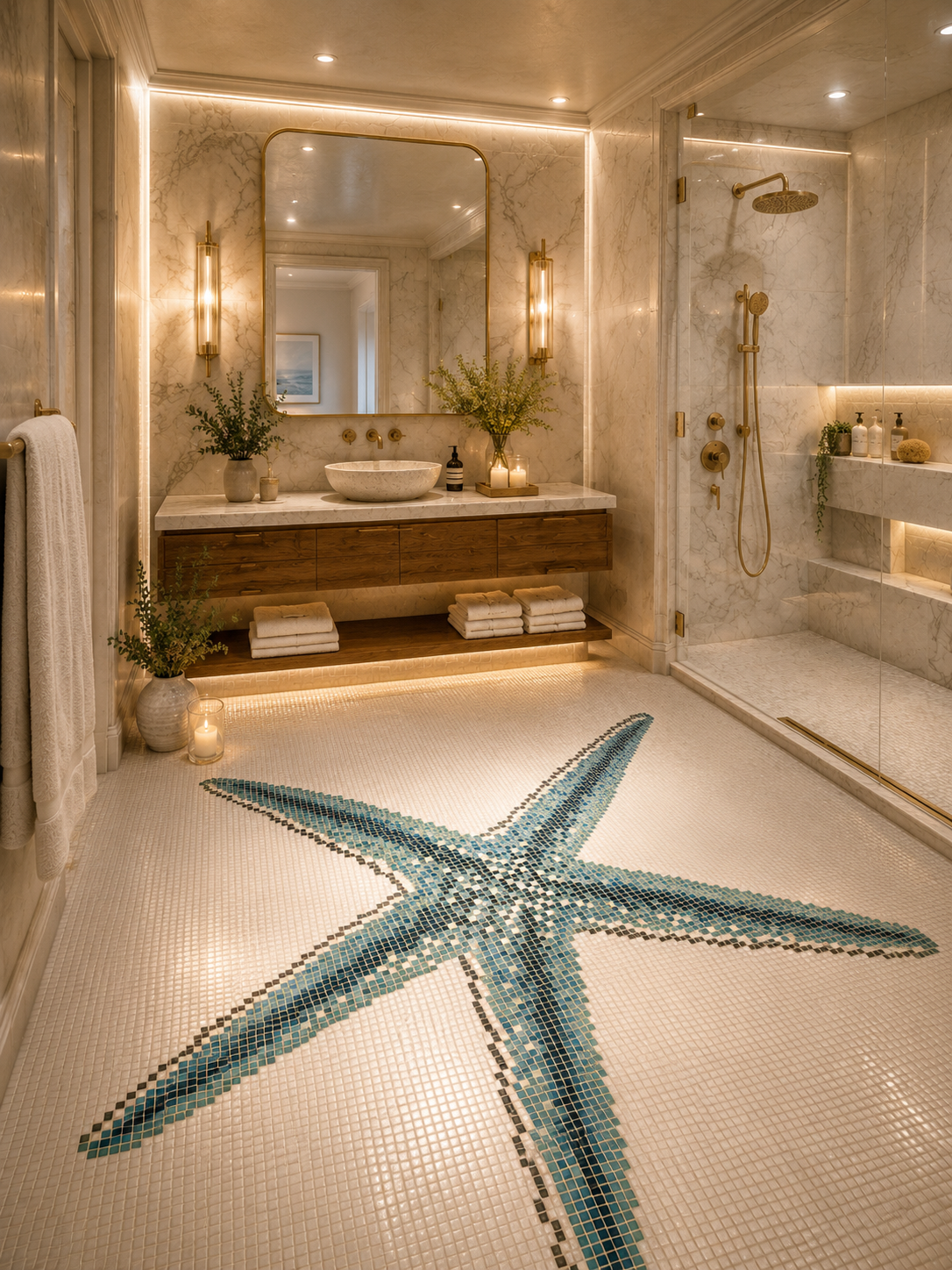 Marble bathroom with a large hand-set starfish mosaic inlaid into the floor and a floating stone vanity