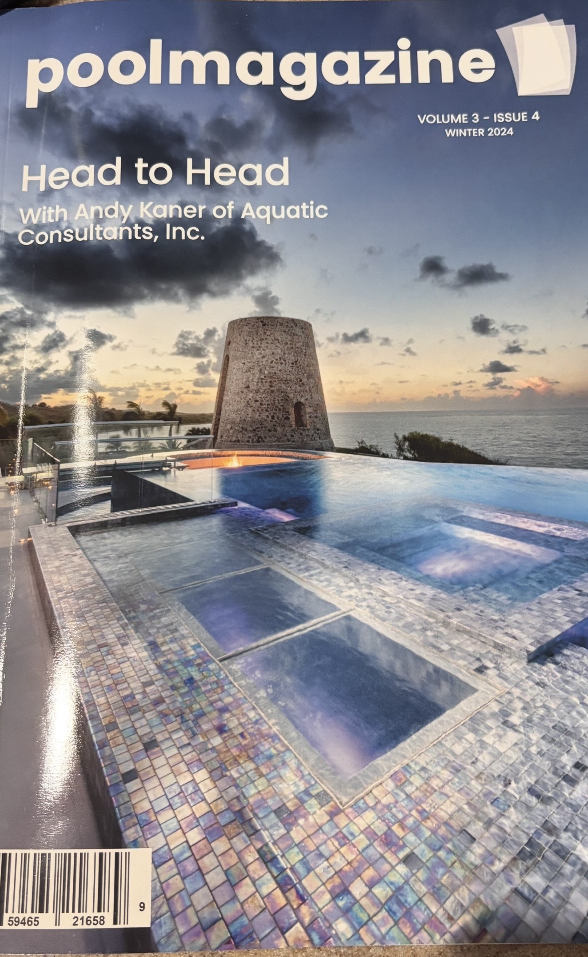 Pool Magazine Winter 2024 cover — Volume 3, Issue 4 — showing the St. Croix glass mosaic pool installation at dusk