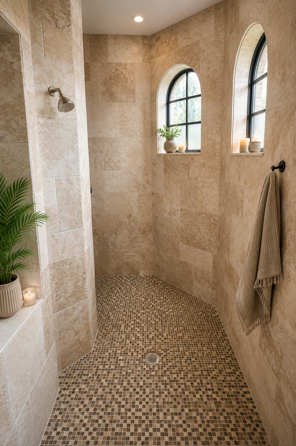 Travertine-clad walk-in shower with arched openings and a small-format mosaic stone floor