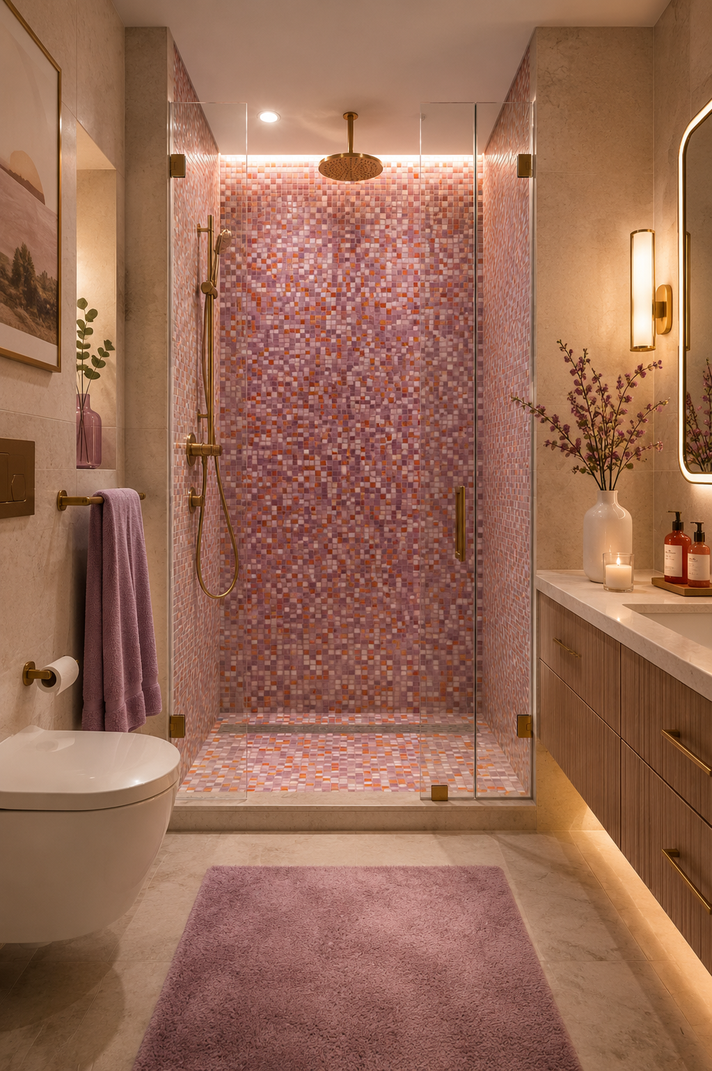 Luxury bathroom with a glass-enclosed mosaic shower in warm pink and amber tones, gold fixtures and a timber vanity
