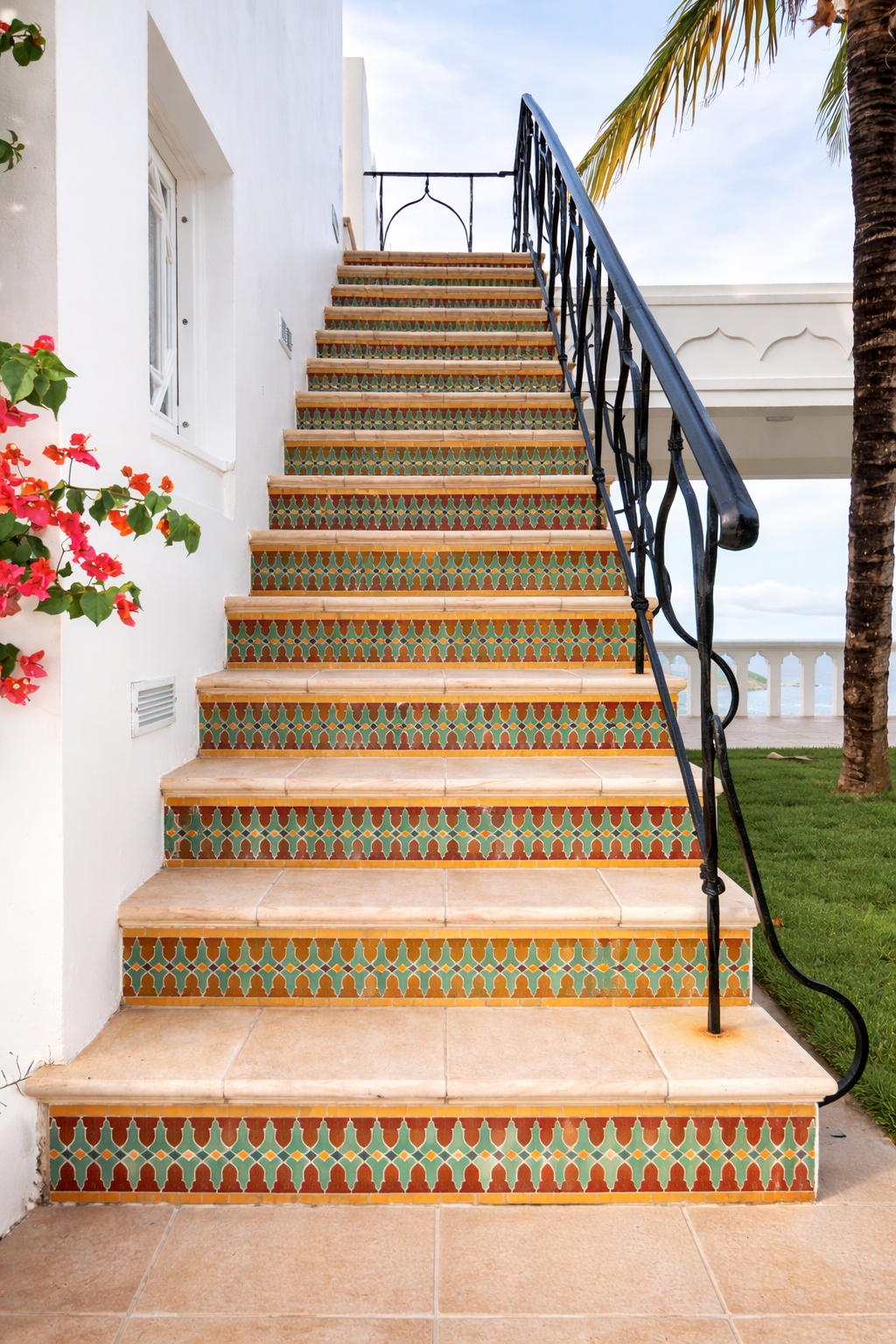 Outdoor staircase with patterned tile risers and a wrought-iron railing