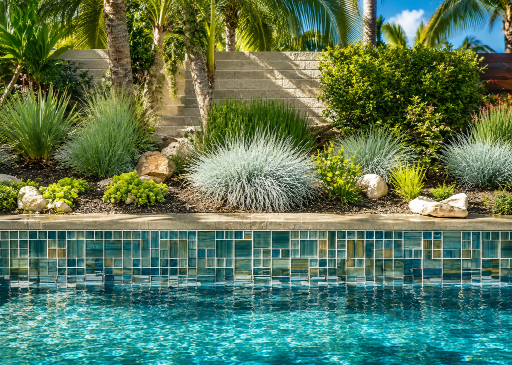 Private estate pool with custom glass mosaic interior by Tile Artisans Inc.