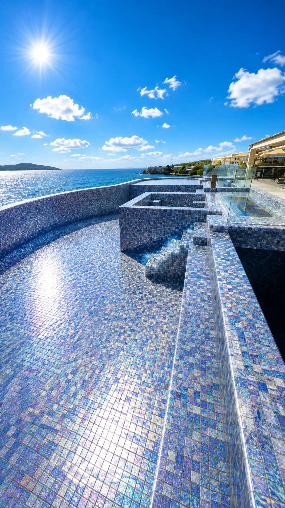 Tiered glass mosaic pool and spa terraces with frameless glass railing overlooking the Caribbean coastline