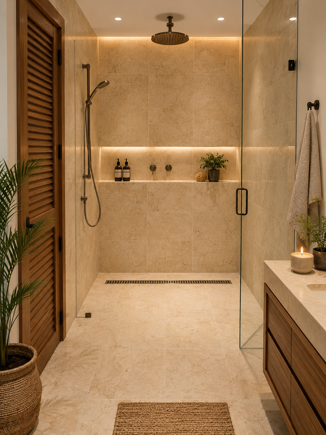 Walk-in shower in light stone with an illuminated niche and bronze fixtures