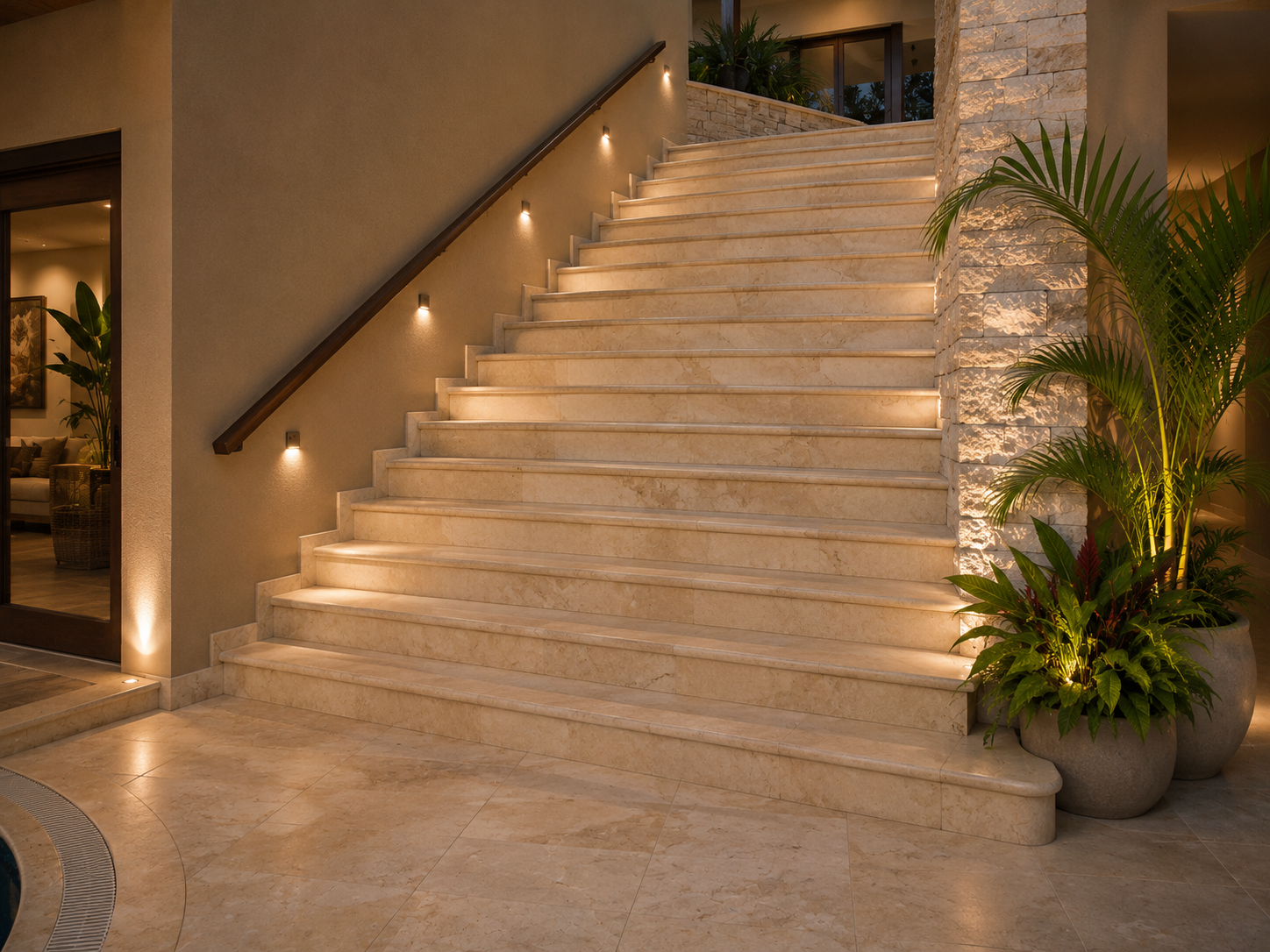 Stone staircase with integrated tread lighting and wall sconces, bordered by stacked stone veneer