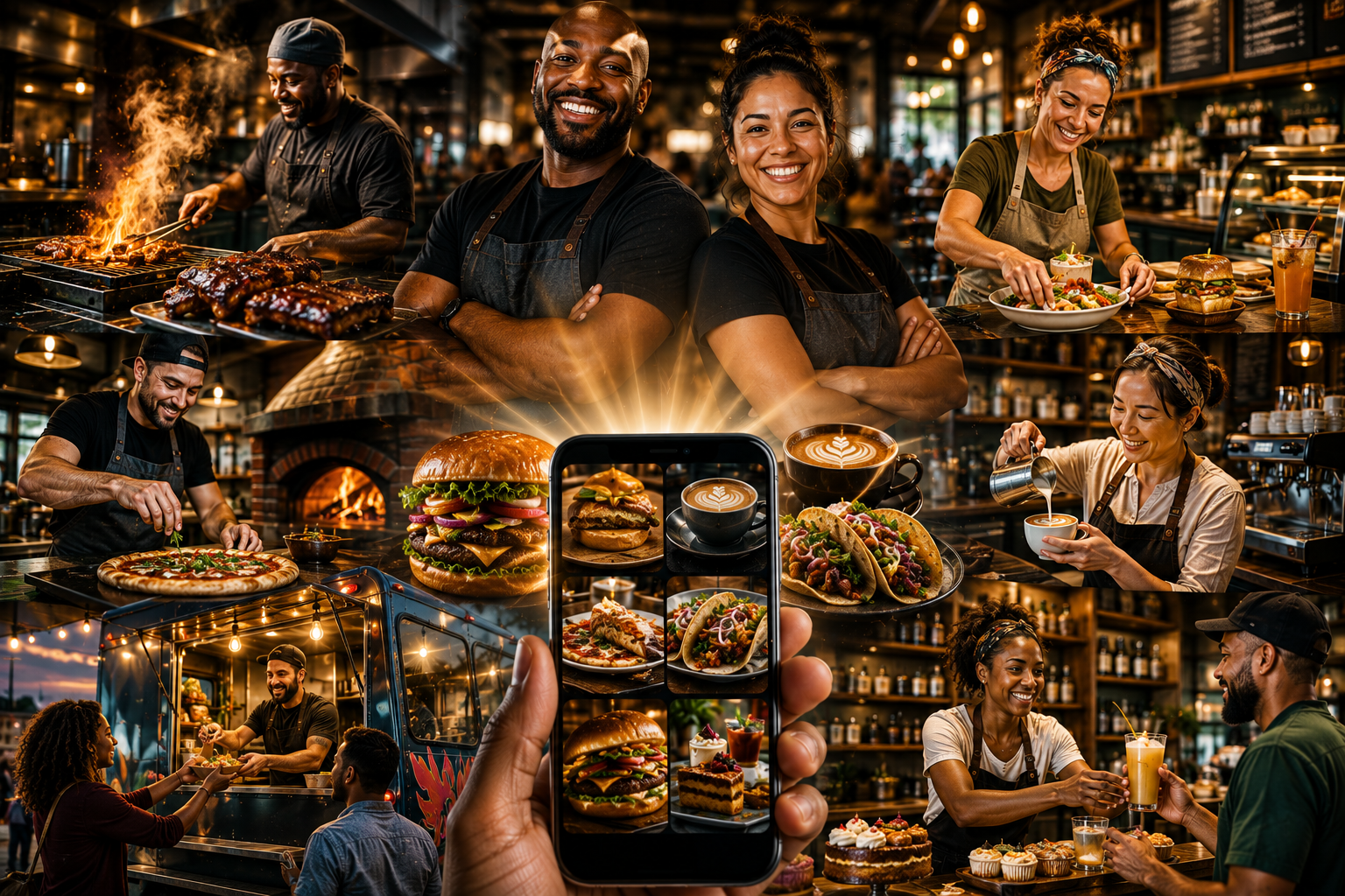 Independent food and beverage businesses — chefs, baristas, food trucks, and a smartphone discovering local