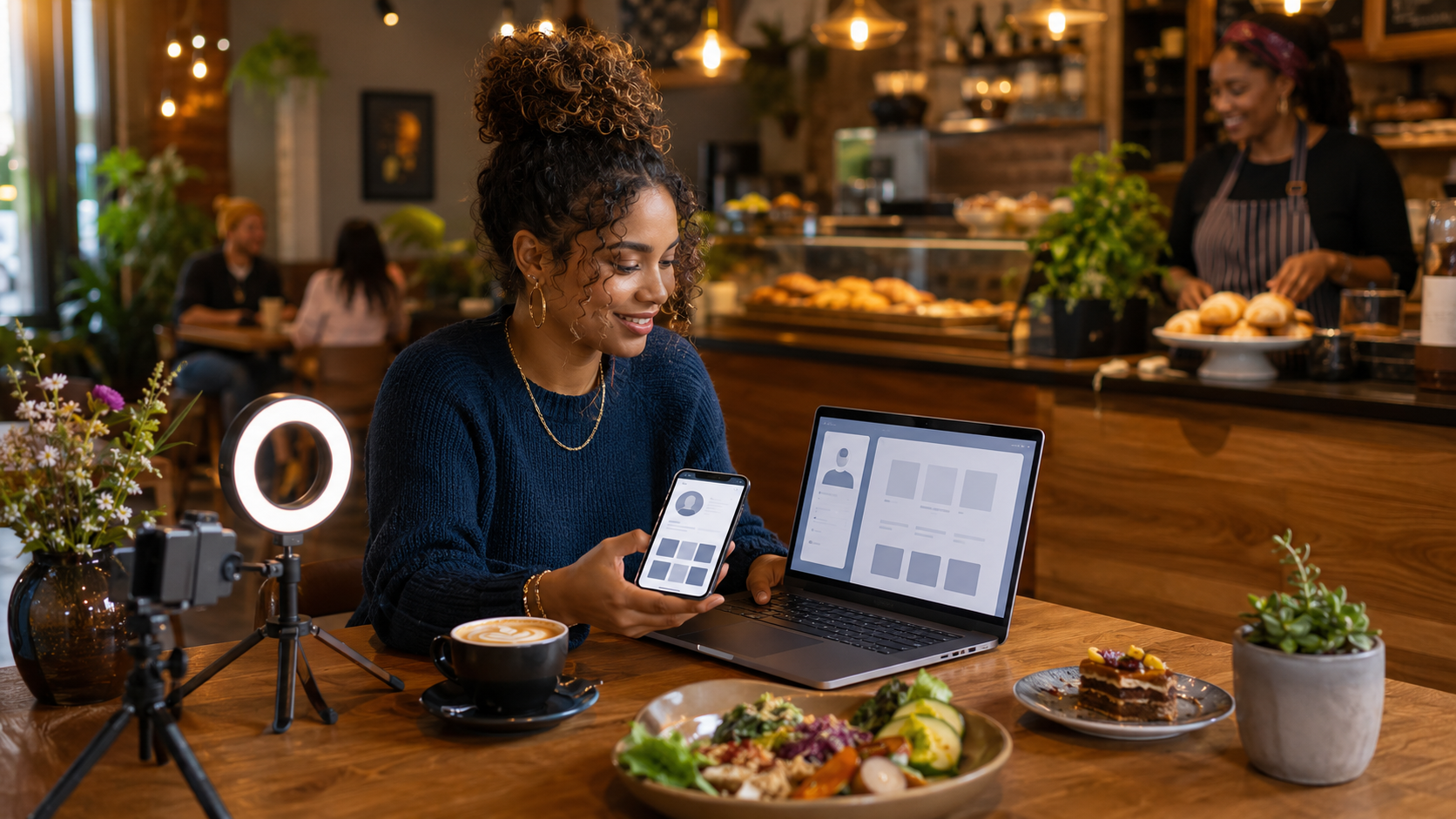 Creator working on content in a café