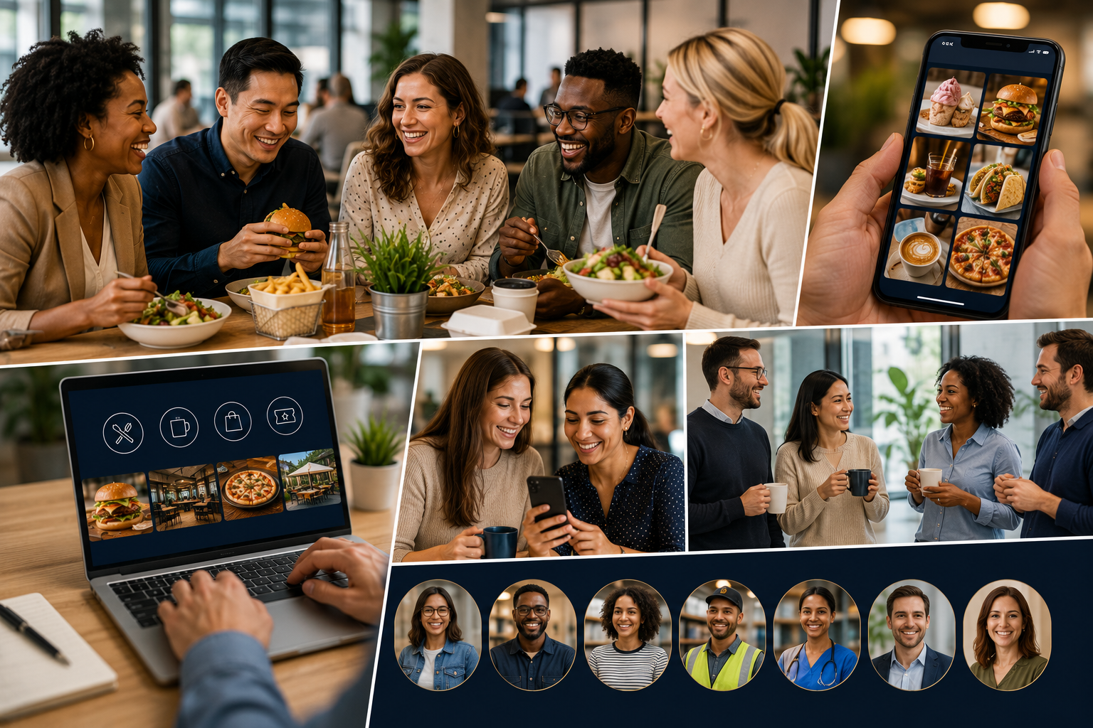 Workplace Community Benefit — colleagues enjoying local food together, the Momz & Popz app, and a diverse employee community