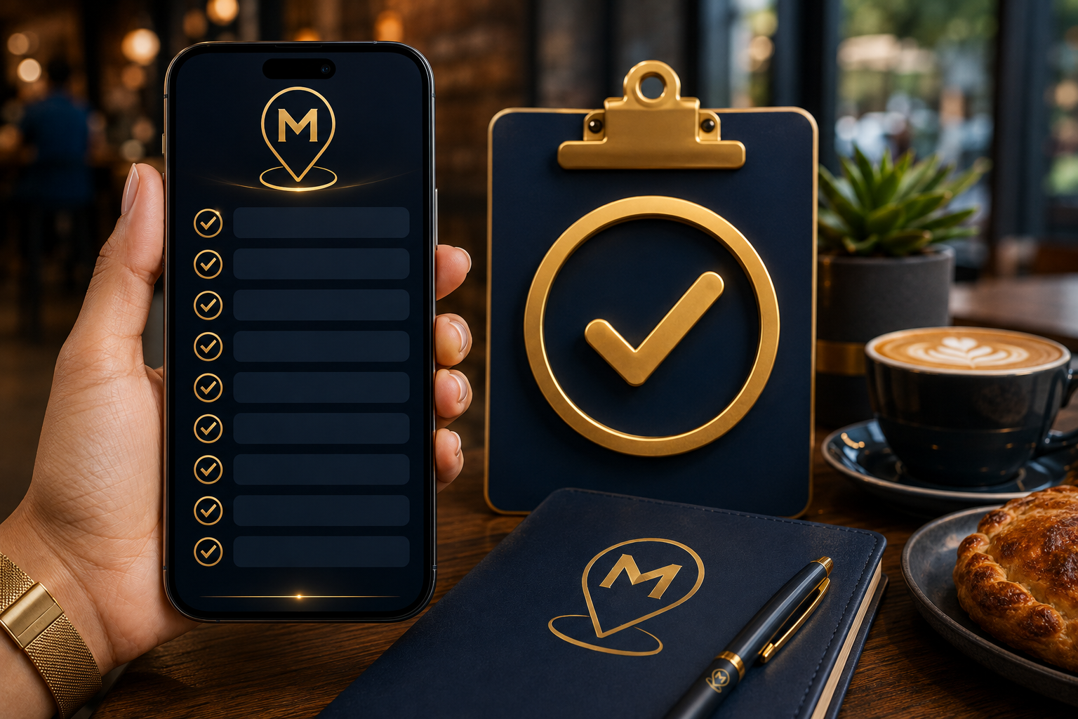 Your 60-Second MOMZANDPOPZ Checklist — phone, clipboard, notebook, coffee, and pastry on a dark table