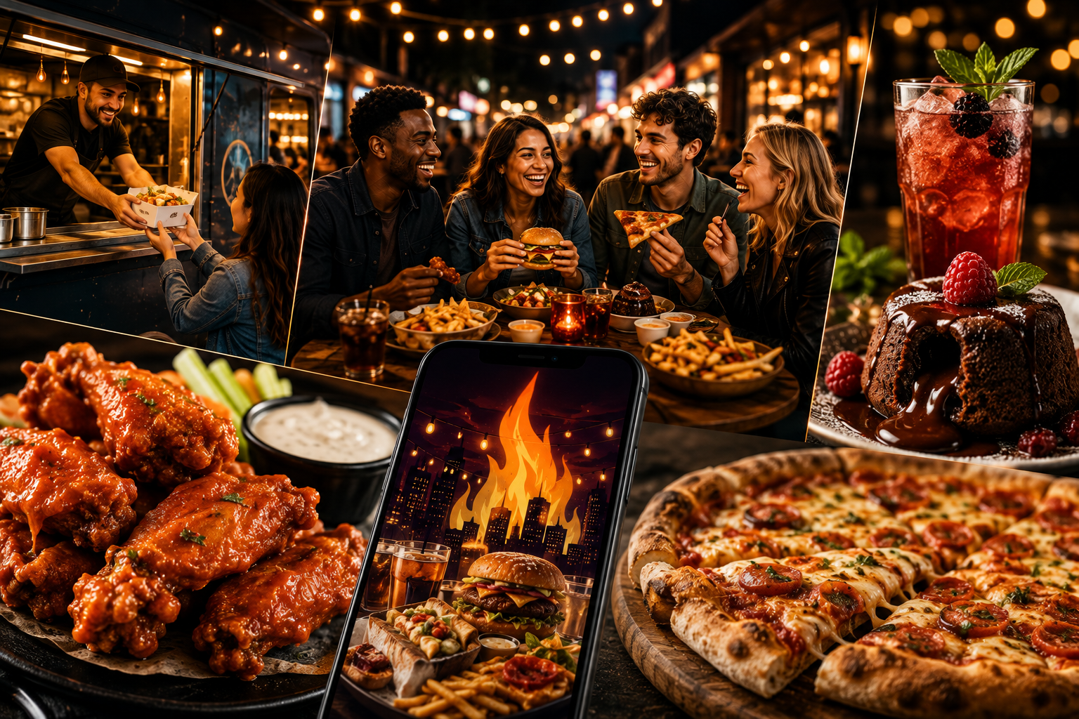 Friday Nightz Bitez collage: wings, pizza, burgers, drinks and the Momz & Popz app