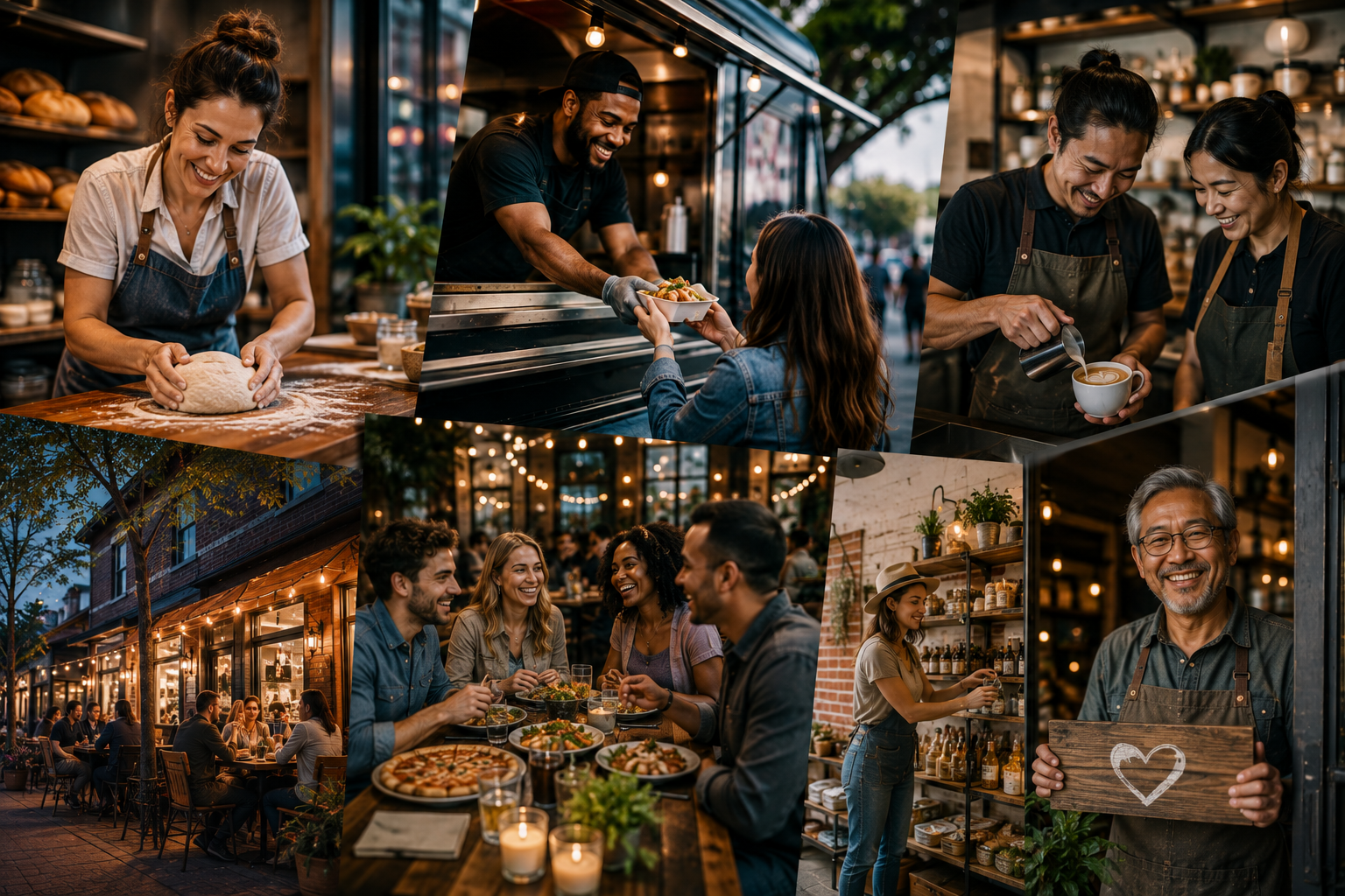 Local business collage: baker kneading dough, food truck, baristas, shopkeeper, friends dining, and a warmly lit restaurant terrace