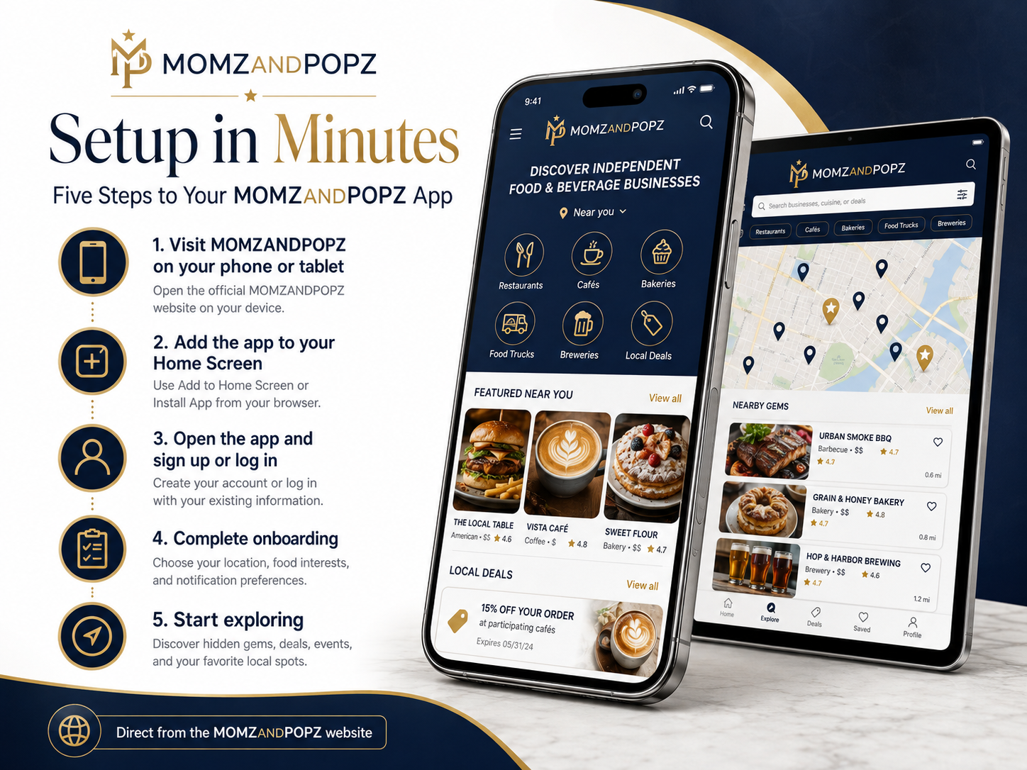 Setup in Minutes — five steps to install the MOMZANDPOPZ app with phone screenshots