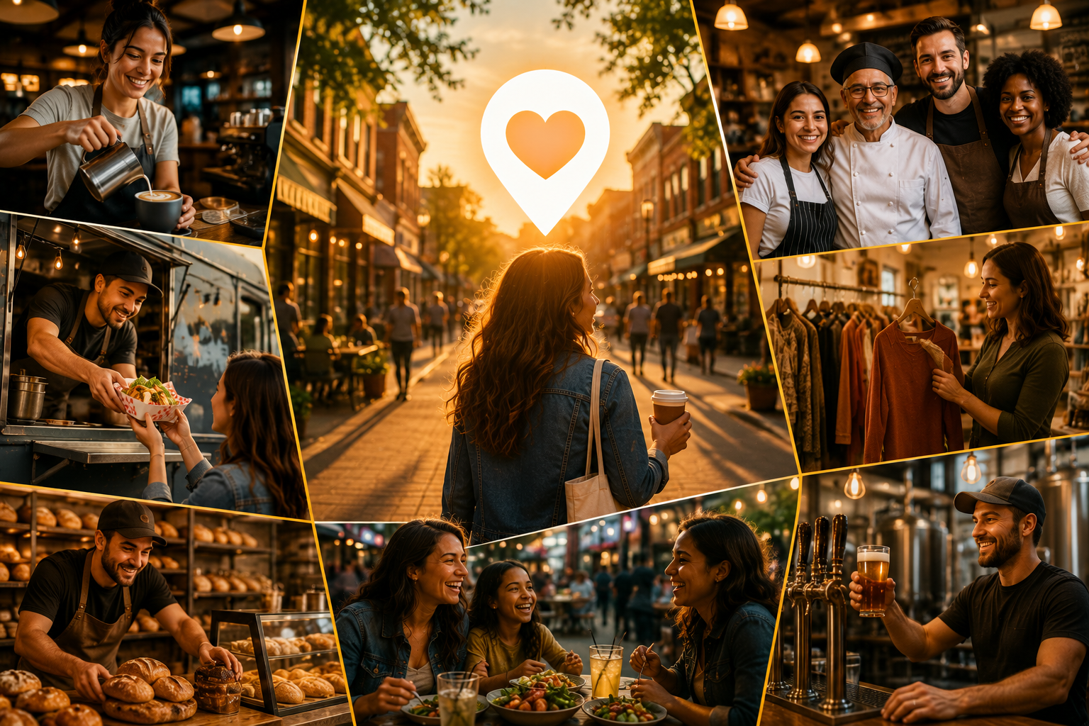 Local business collage: barista, restaurant staff, boutique, brewery, bakery, food truck, and a customer walking a sunlit street