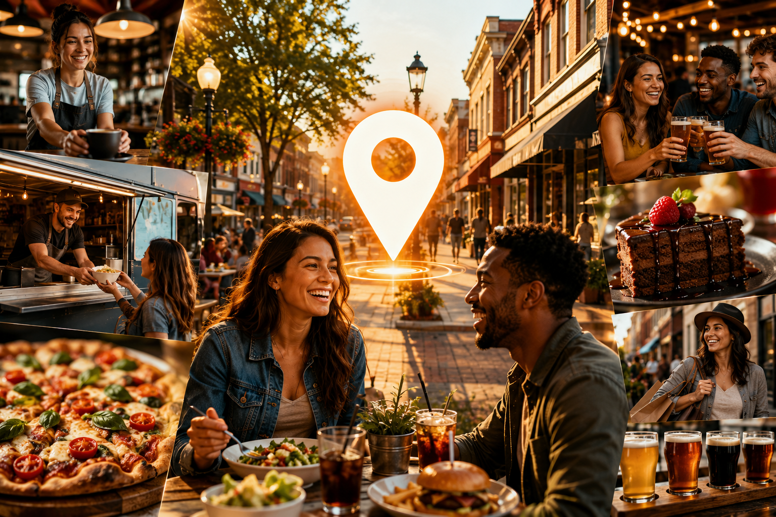 Local discovery collage: coffee, craft beer, pizza, food trucks, and golden-hour dining