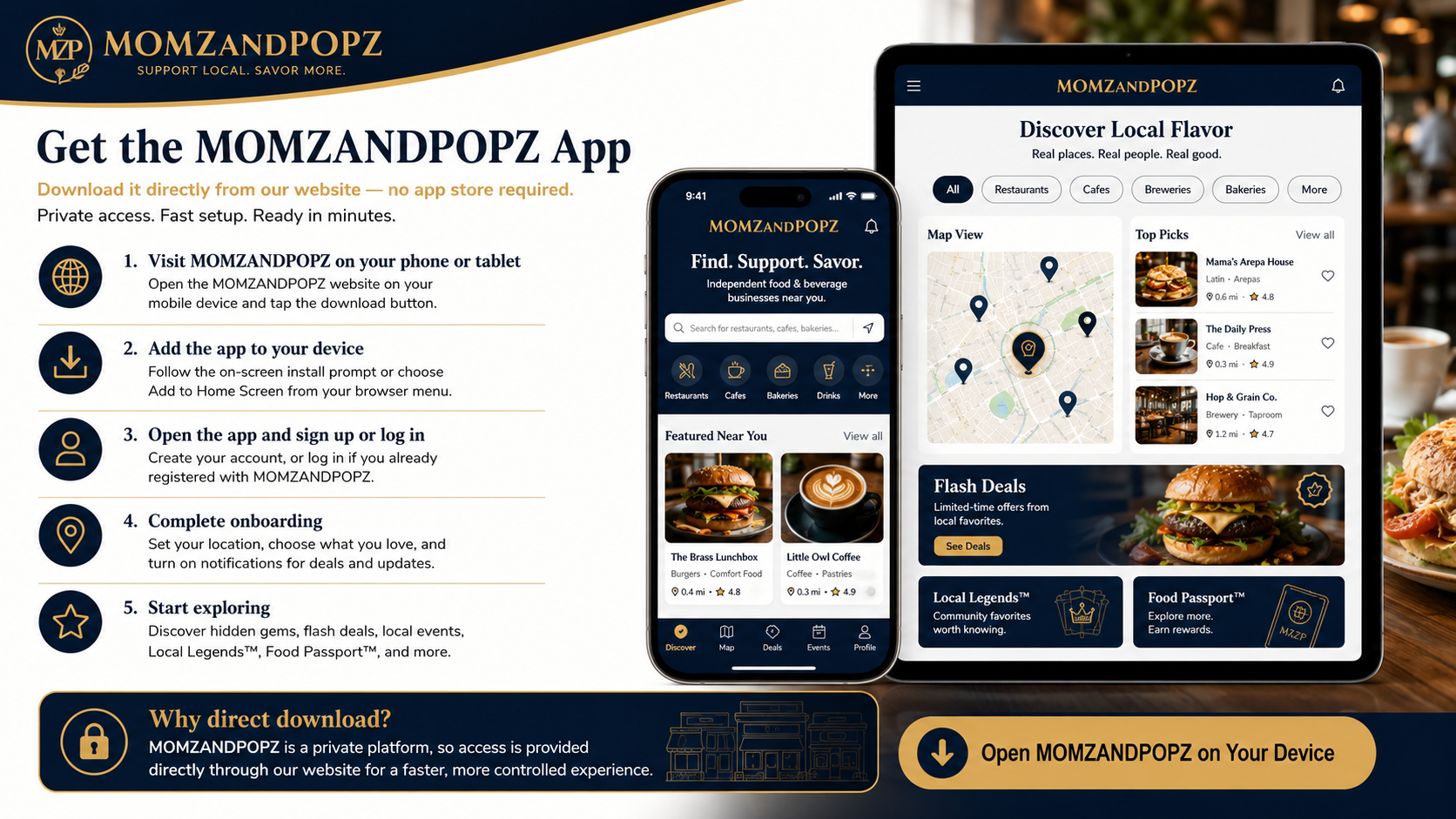 Get the MOMZANDPOPZ App — private web app install guide with phone and tablet previews