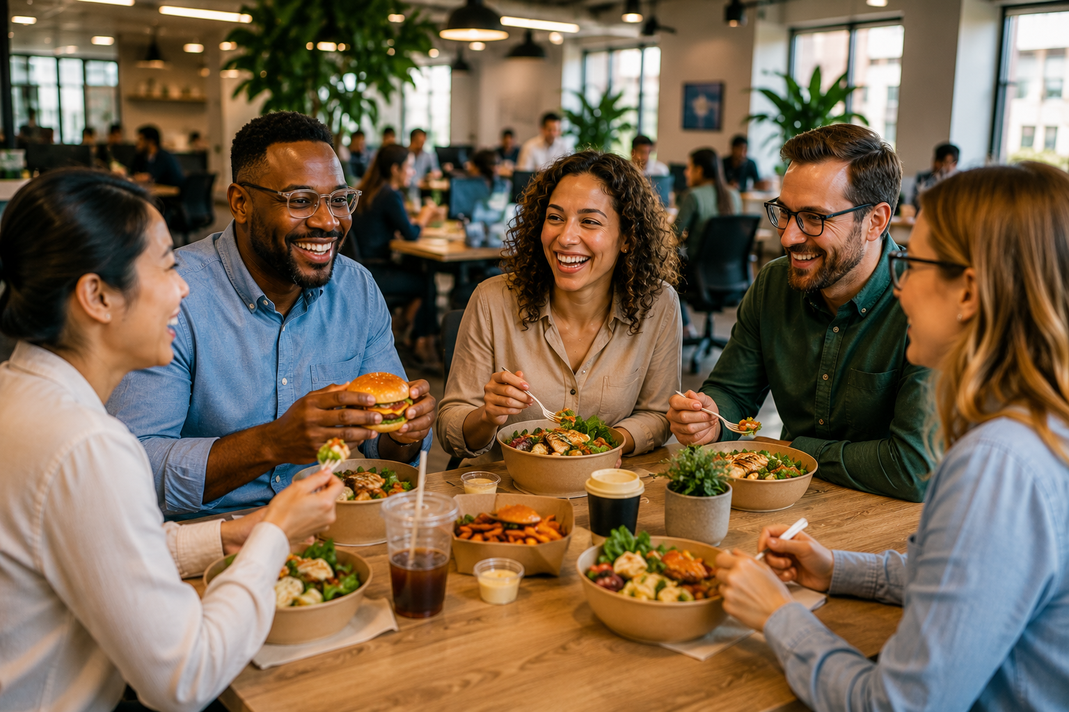 Coworkers eating lunch together around a table in a bright, modern office