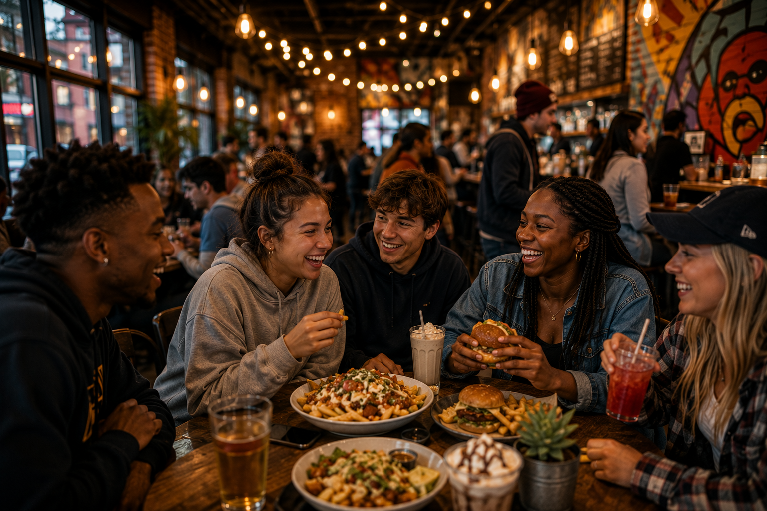Students and locals enjoying a meal at a local pub