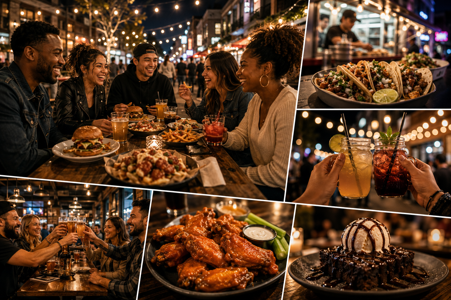 Independent food and beverage community — friends dining out, tacos, cocktails, and local favorites