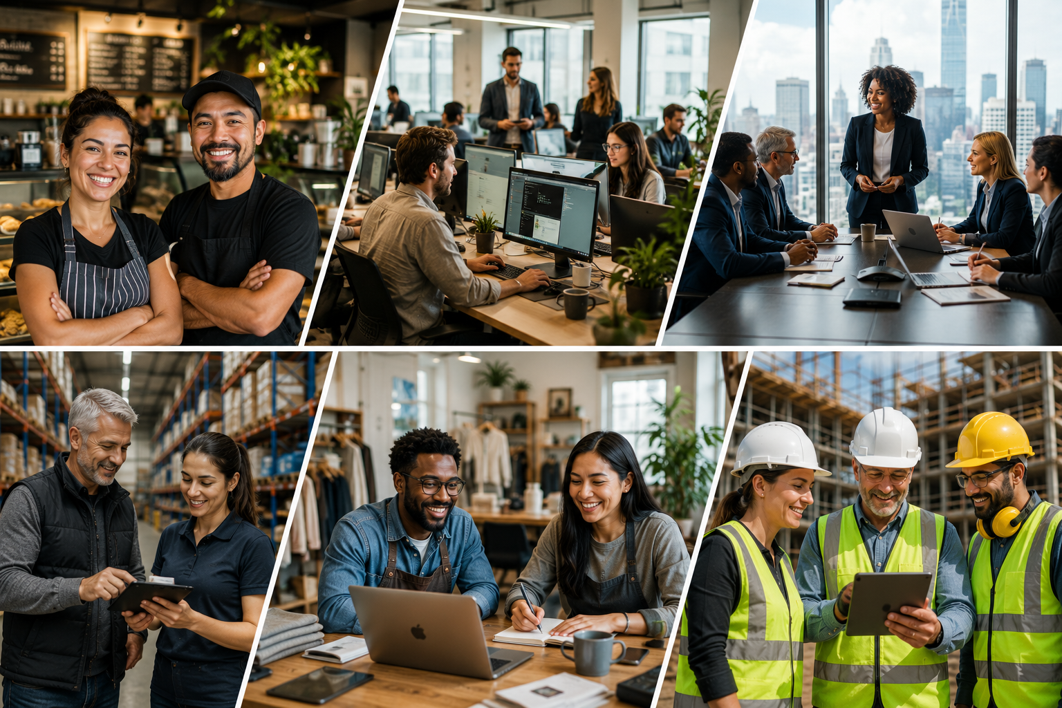 Diverse workplaces: café, open-plan office, boardroom, warehouse, retail studio, and construction site
