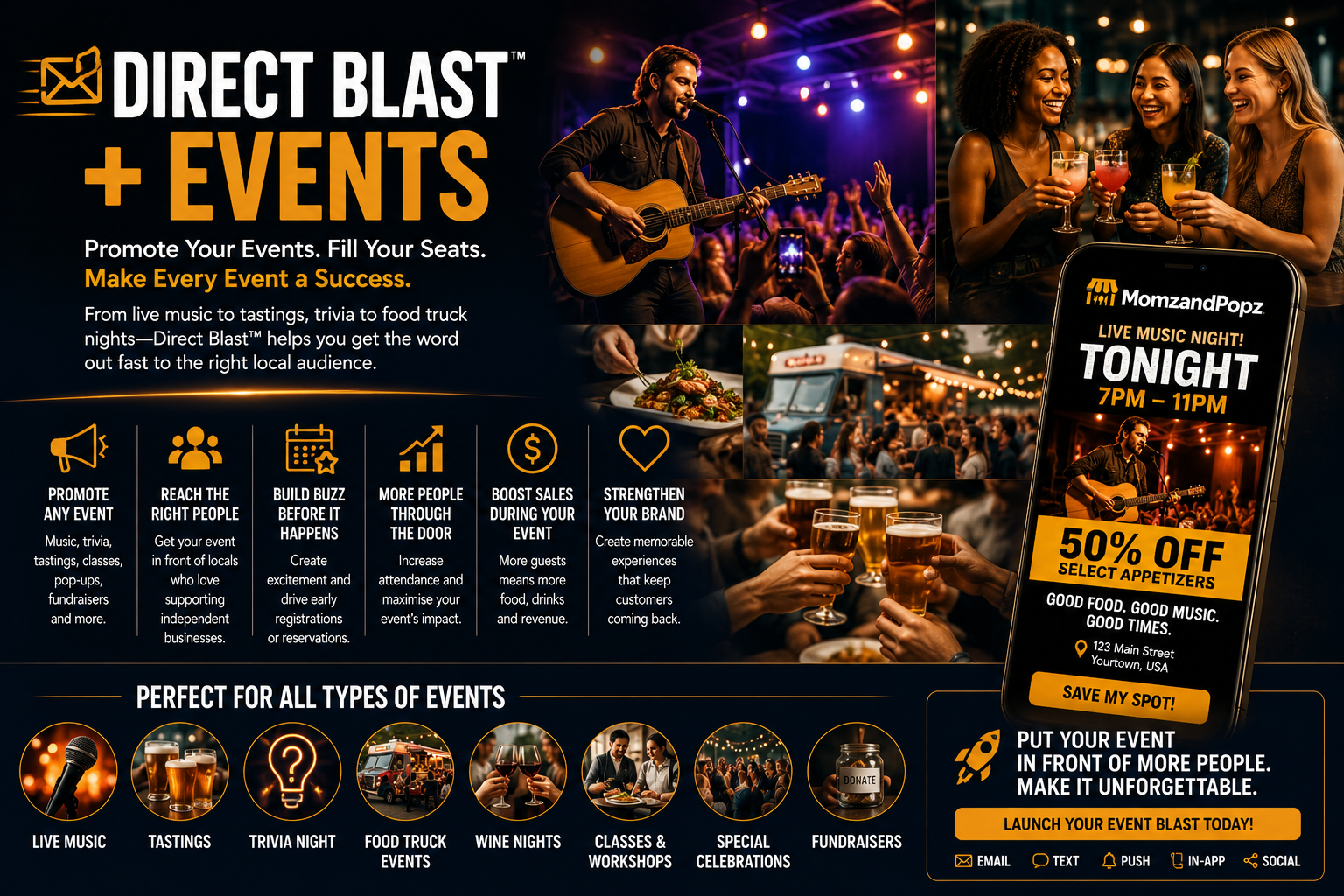Direct Blast + Events — promote live music, tastings, trivia, food trucks and more to fill your seats