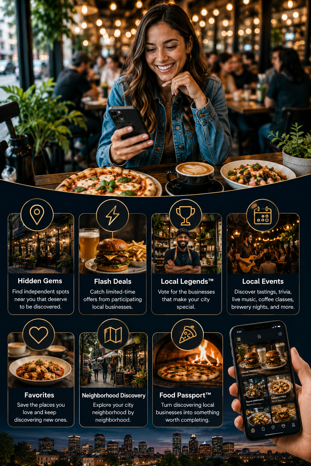 One App. A Whole Lot of Local. — feature collage with the Momz & Popz mobile app and member benefits