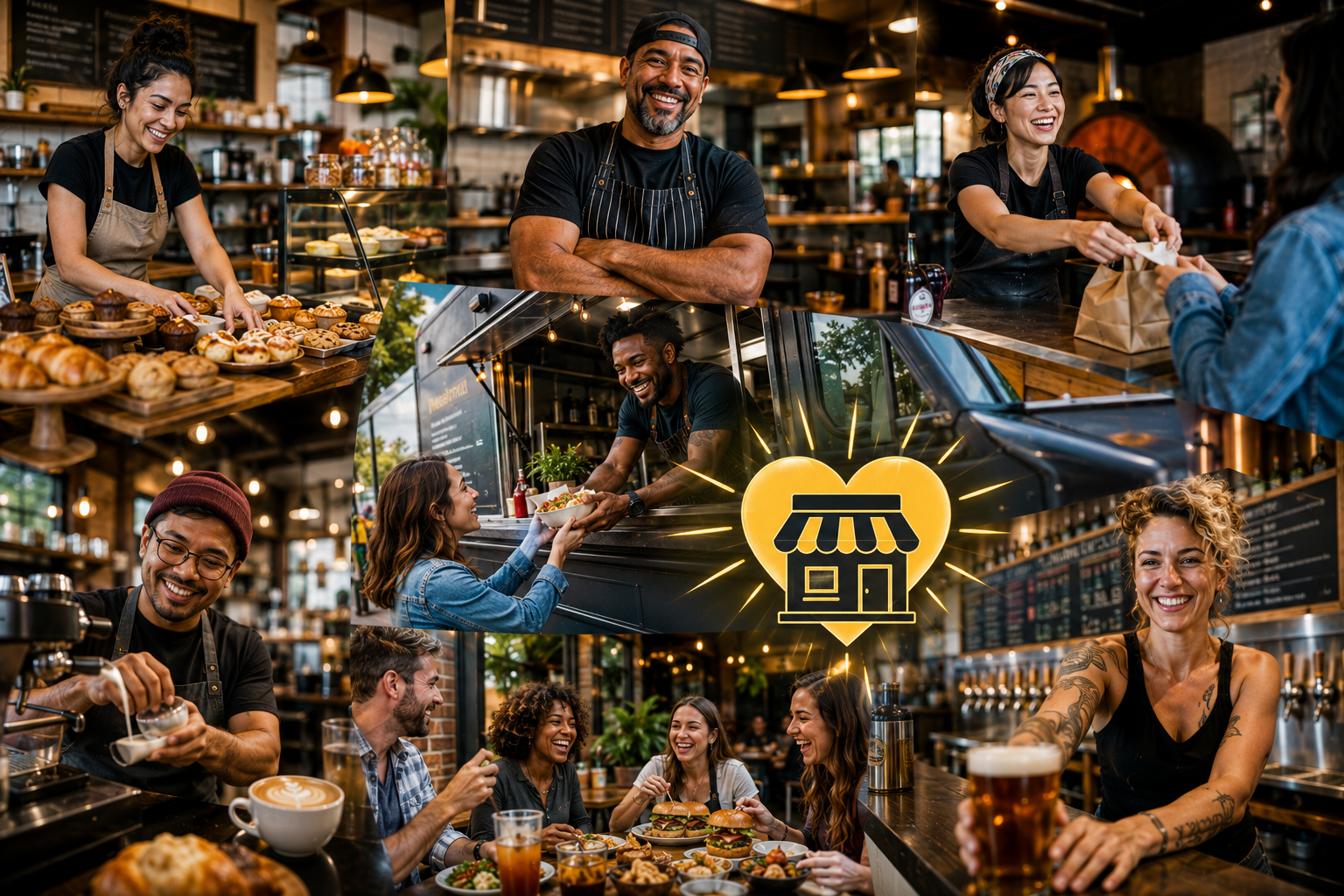 Independent food and beverage businesses — baristas, chefs, food trucks, bartenders, and happy customers